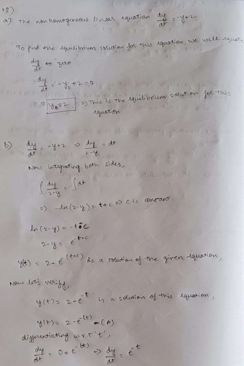 dy/dt = y + 2. (a) Compute an equilibrium solution for this