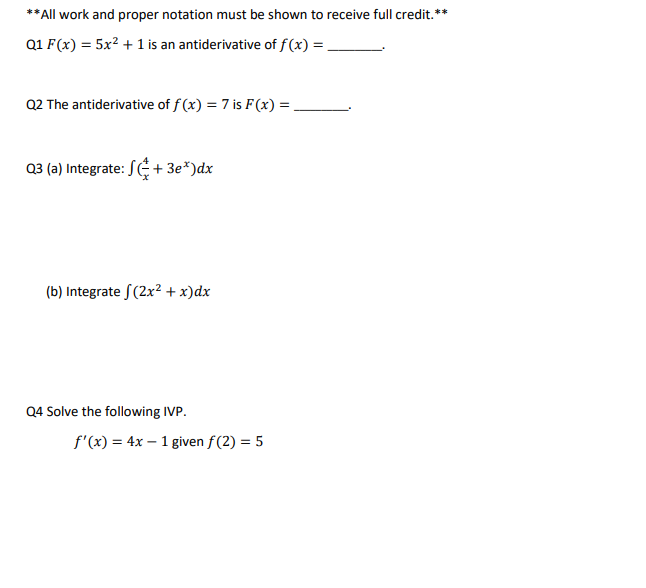 credit.** Q1 Evaluate Jo 3x(x + 2)dx Q2 Given marginal cost is
