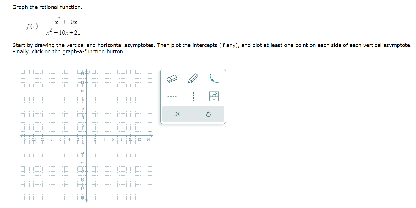 Graph the rational function. f('-\\-) = T_X_ 10:\\. x"10x+21 Start by