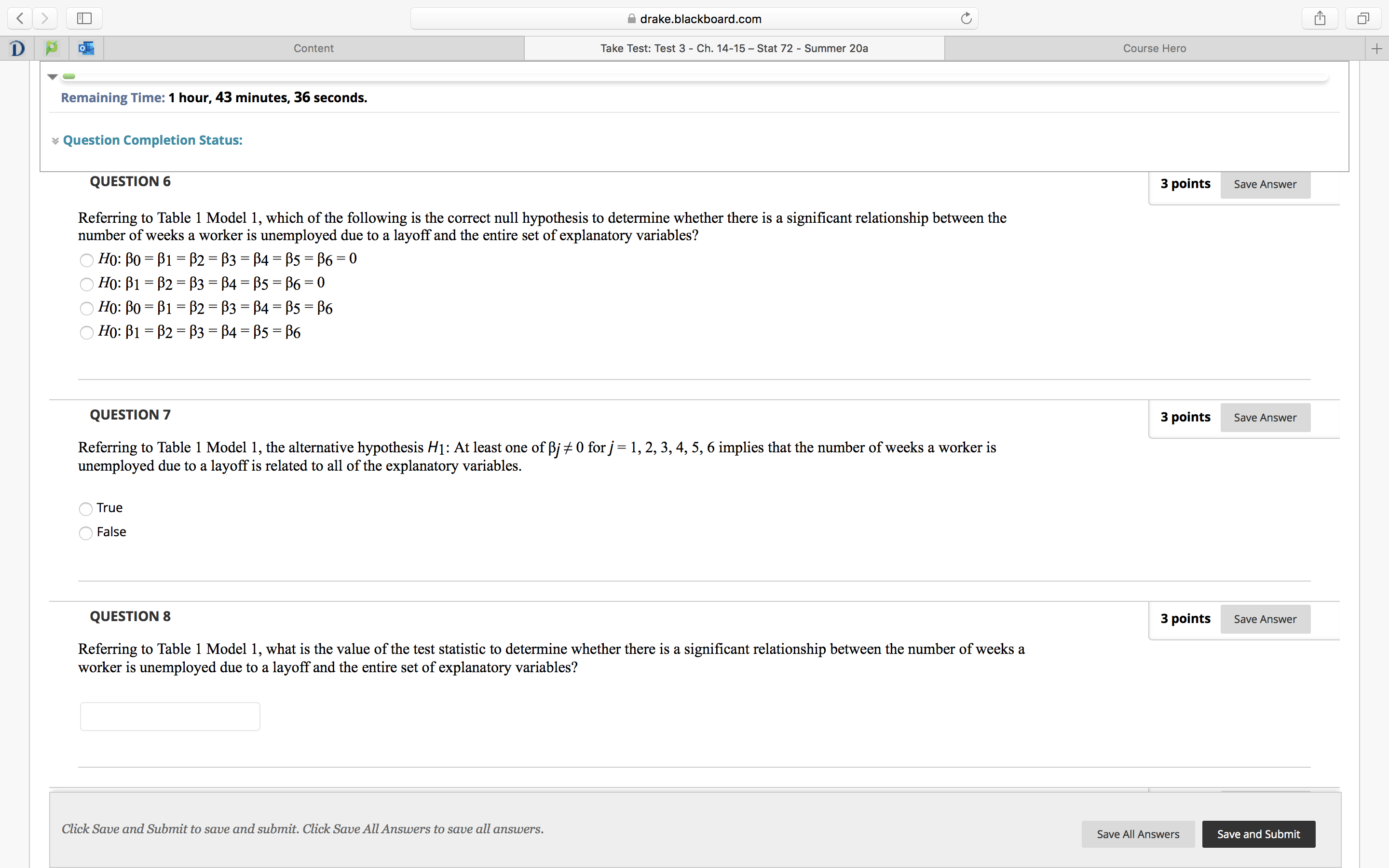 Stat 72 - Summer 20a v .- Remaining Time: 1 hour. 43