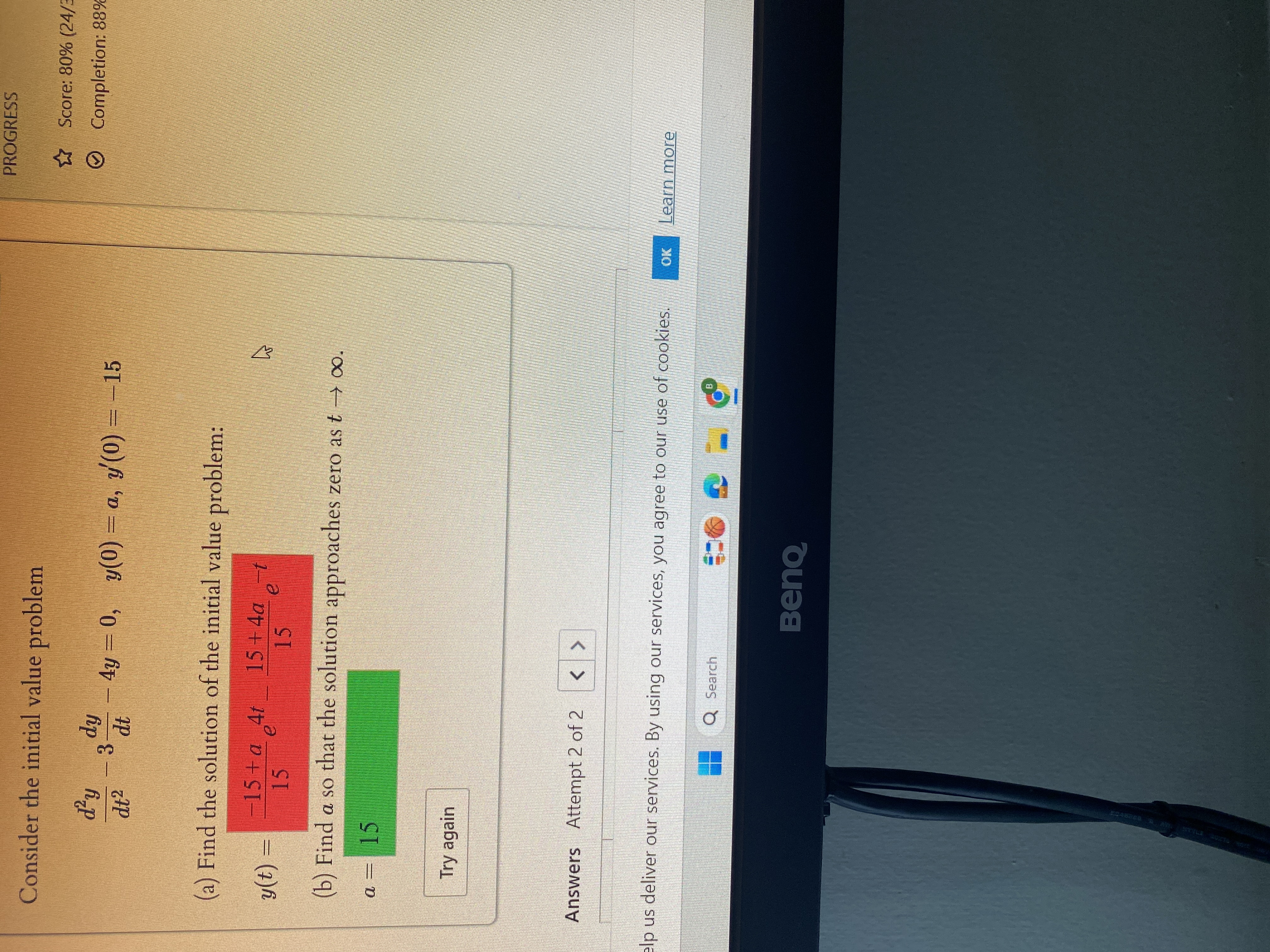 PROGRESS Consider the initial value problem Score: 80% (24/3 d'y dy
