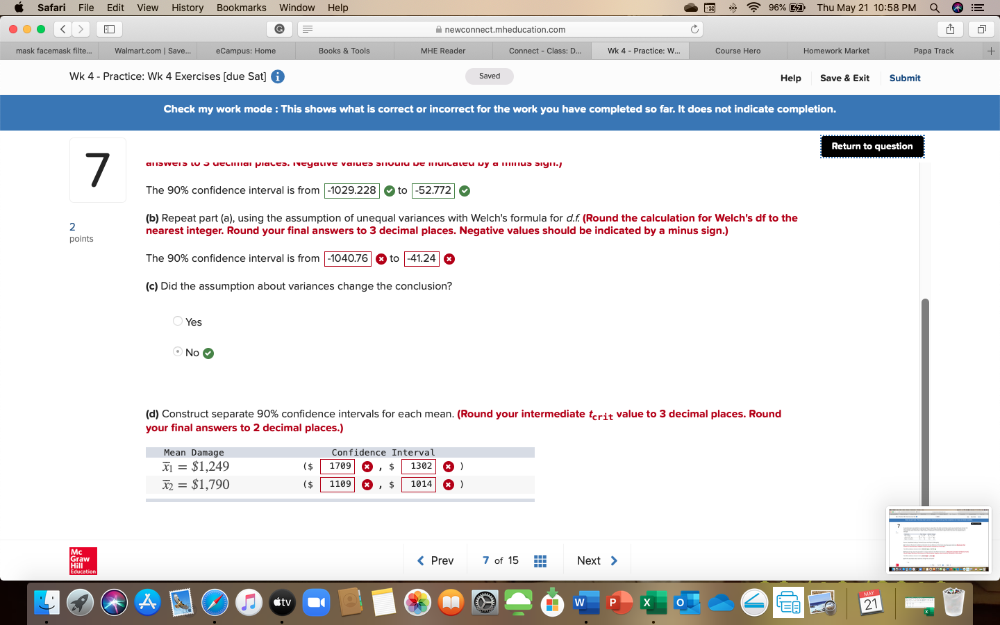 for Welch's df to the nearest integer. Round your final answers to