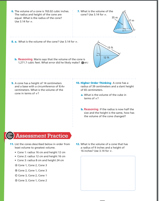 and 2, find the volume of each cone. 1. What is the