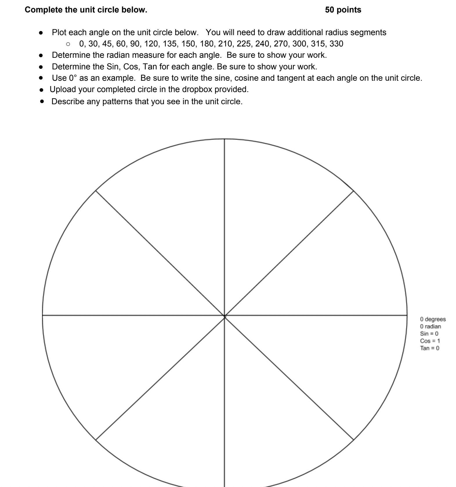 complete the following: Complete the unit circle below. 50 points e Plot