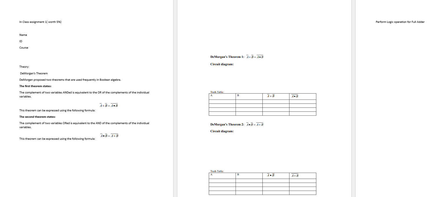  In Class assignment 1( worth 5%) Perform Logic operation for Full