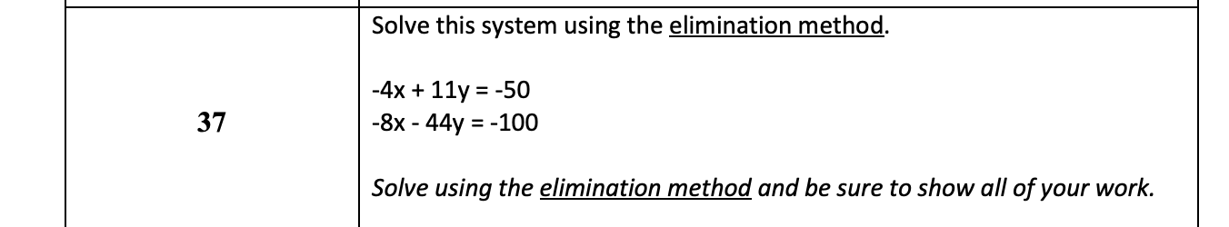  Solve this system using the elimination method. -4x + 11y =-50