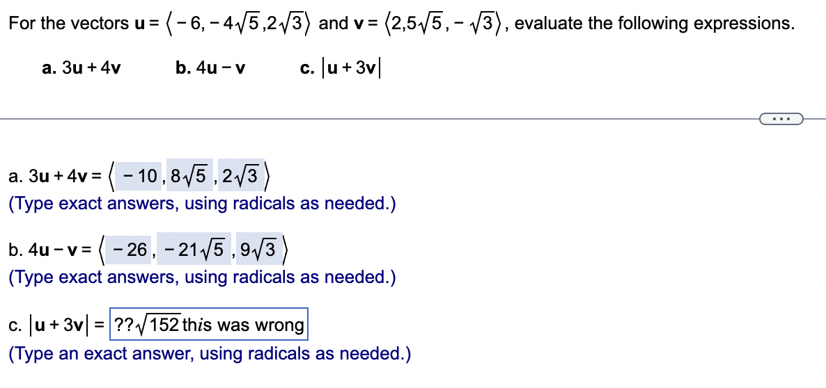 and v = (2,515, - V3 ), evaluate the following expressions. a.