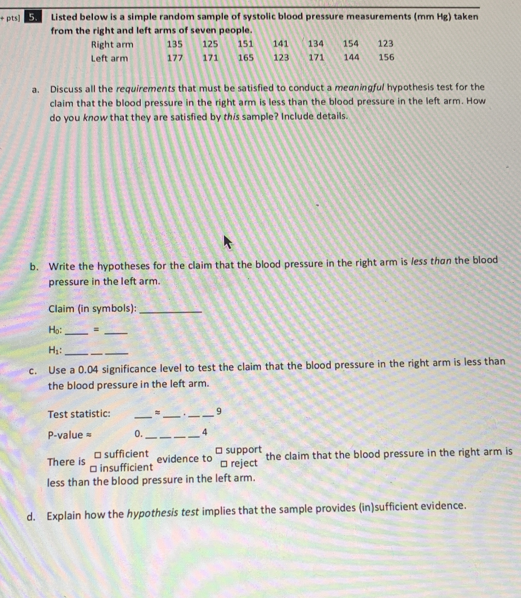  + pts] 5. Listed below is a simple random sample of