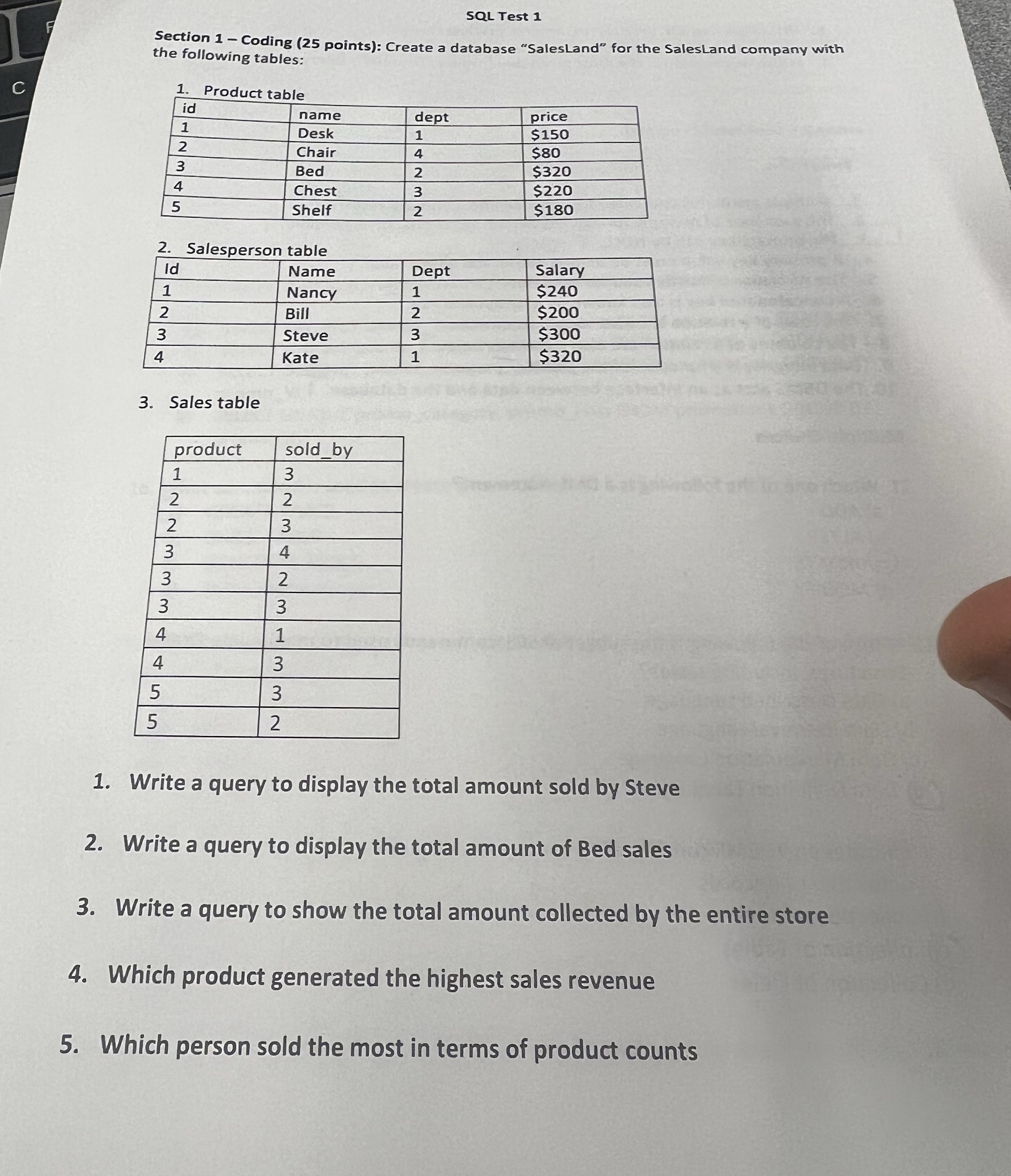  SQL Test 1 Section 1 - Coding (25 points): Create a