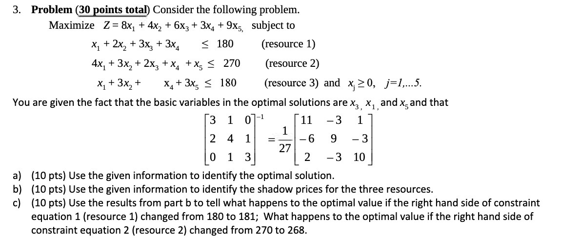  3. Problem (30 Points total) Consider the following problem. Maximize Z