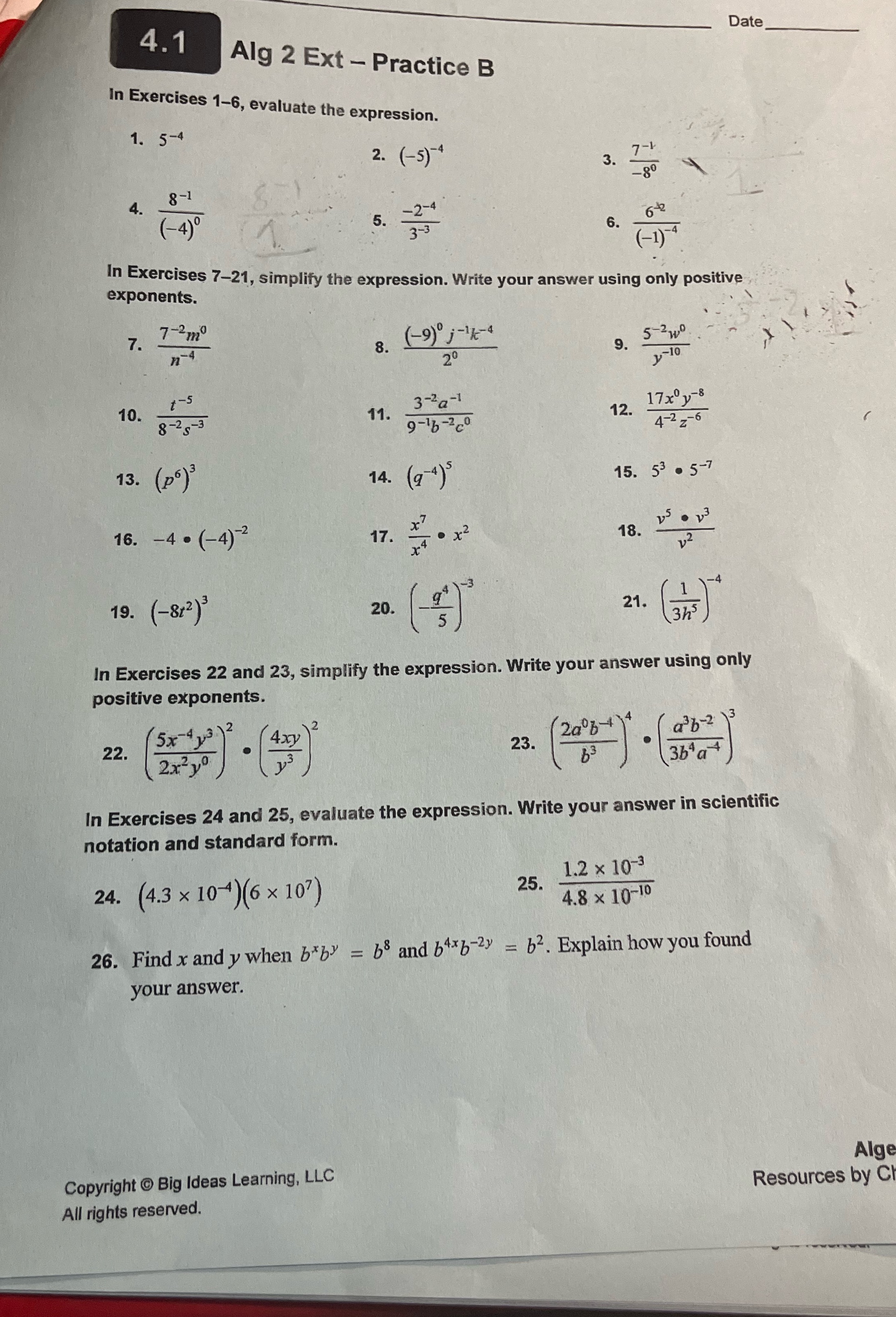  4.1 Date Alg 2 Ext - Practice B In Exercises 1-6,