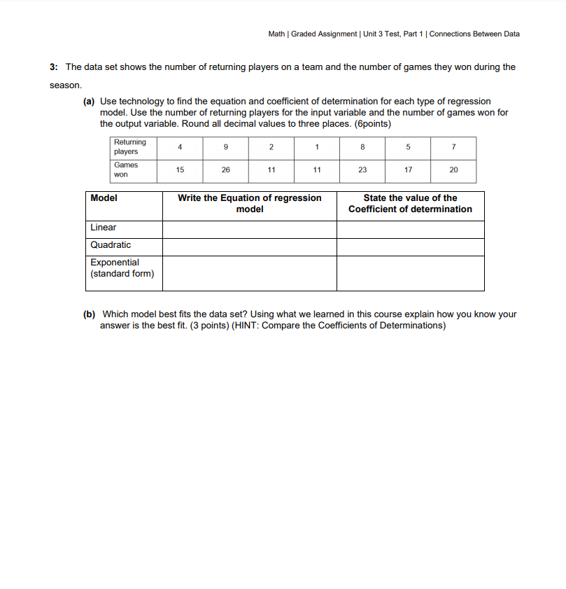  Math | Graded Assignment | Unit 3 Test, Part 1 |
