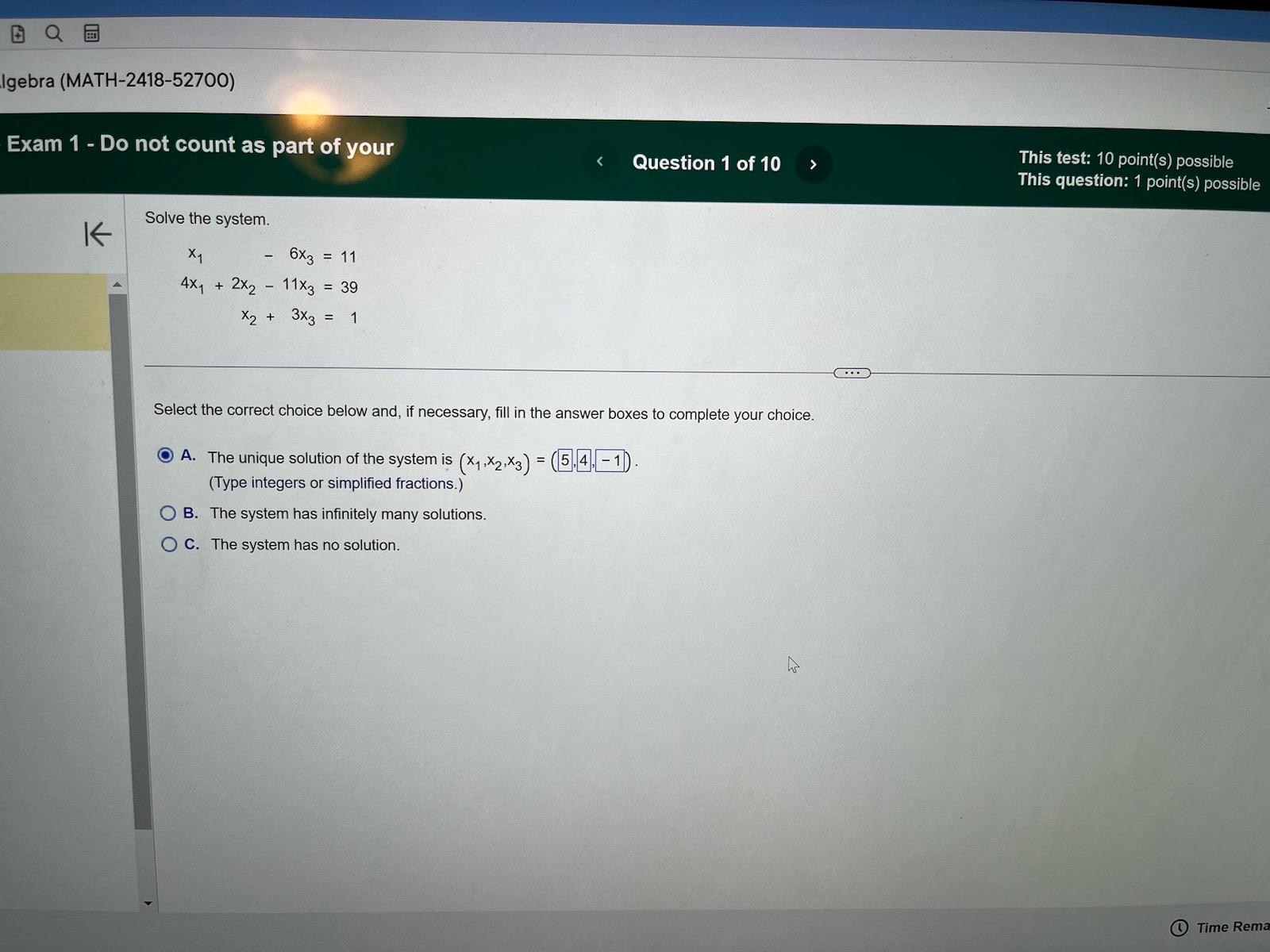  gebra (MATH-2418-52700) Exam 1 - Do not count as part of