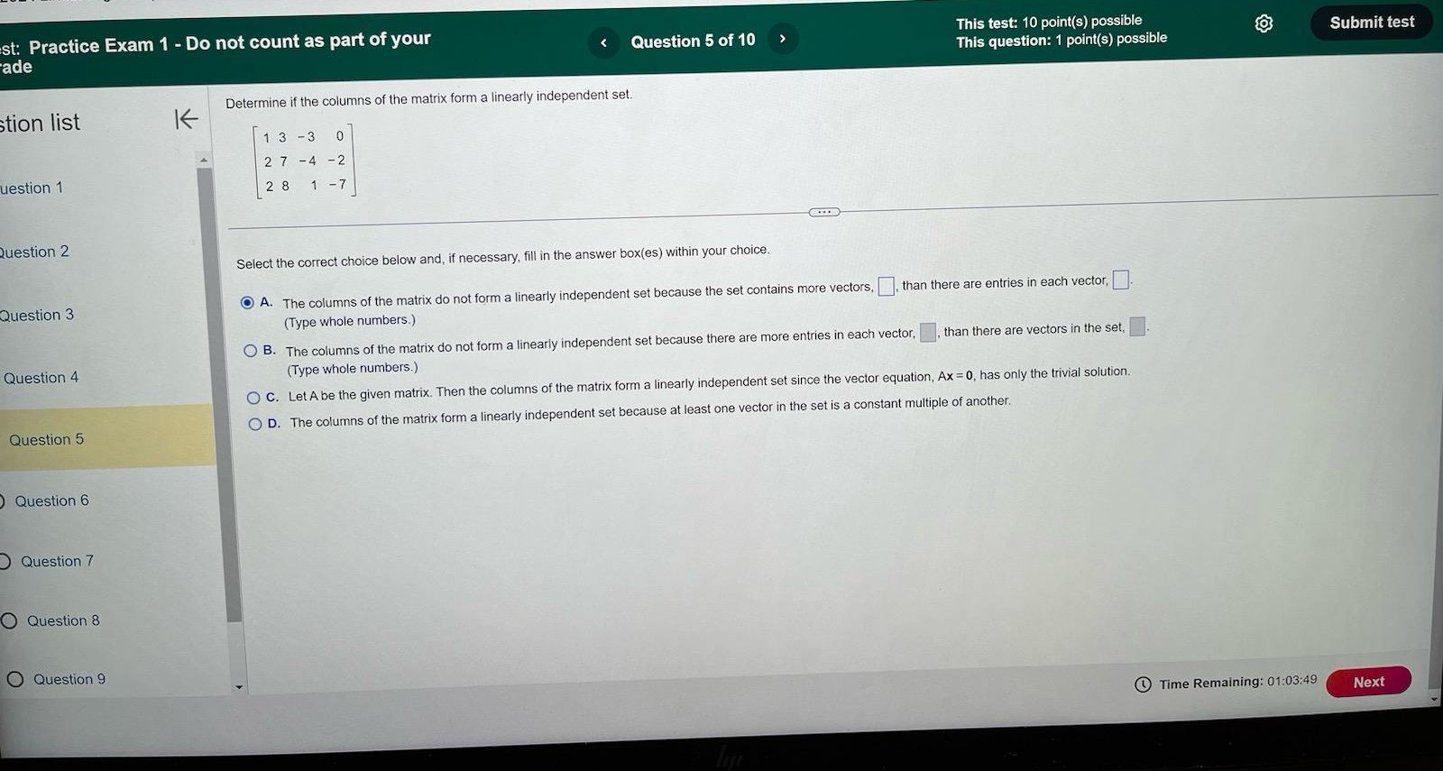 fill in the answer box(es) within your choice. Question 3 A. The