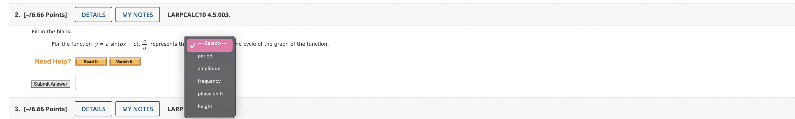 Read It Submit Answer6. [-/6.66 Points] DETAILS MY NOTES LARPCALC10 4.4.037. Evaluate