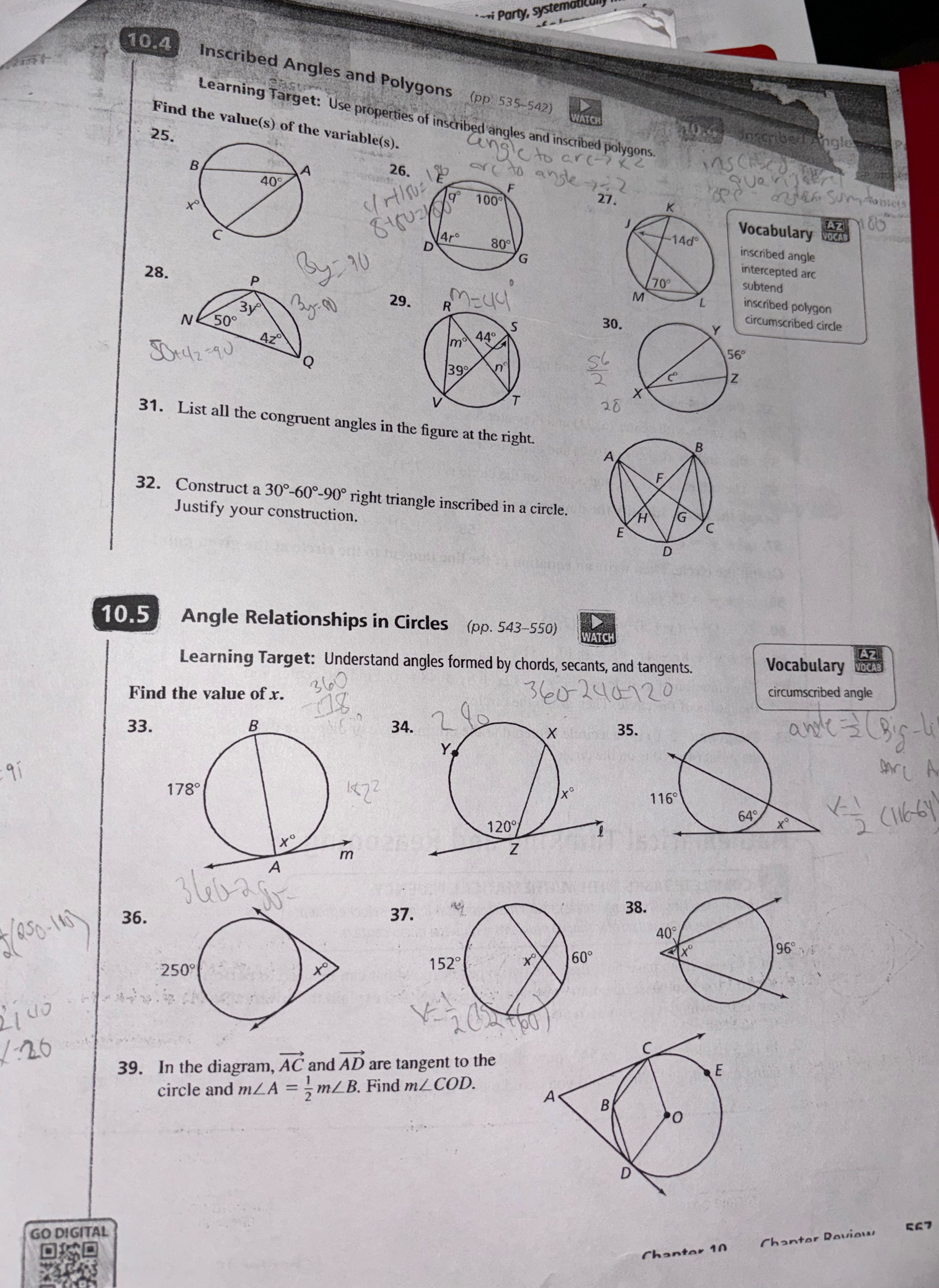 Need help -vi Party, systematica 10.4 Inscribed Angles and Polygons (pp: 535-542)