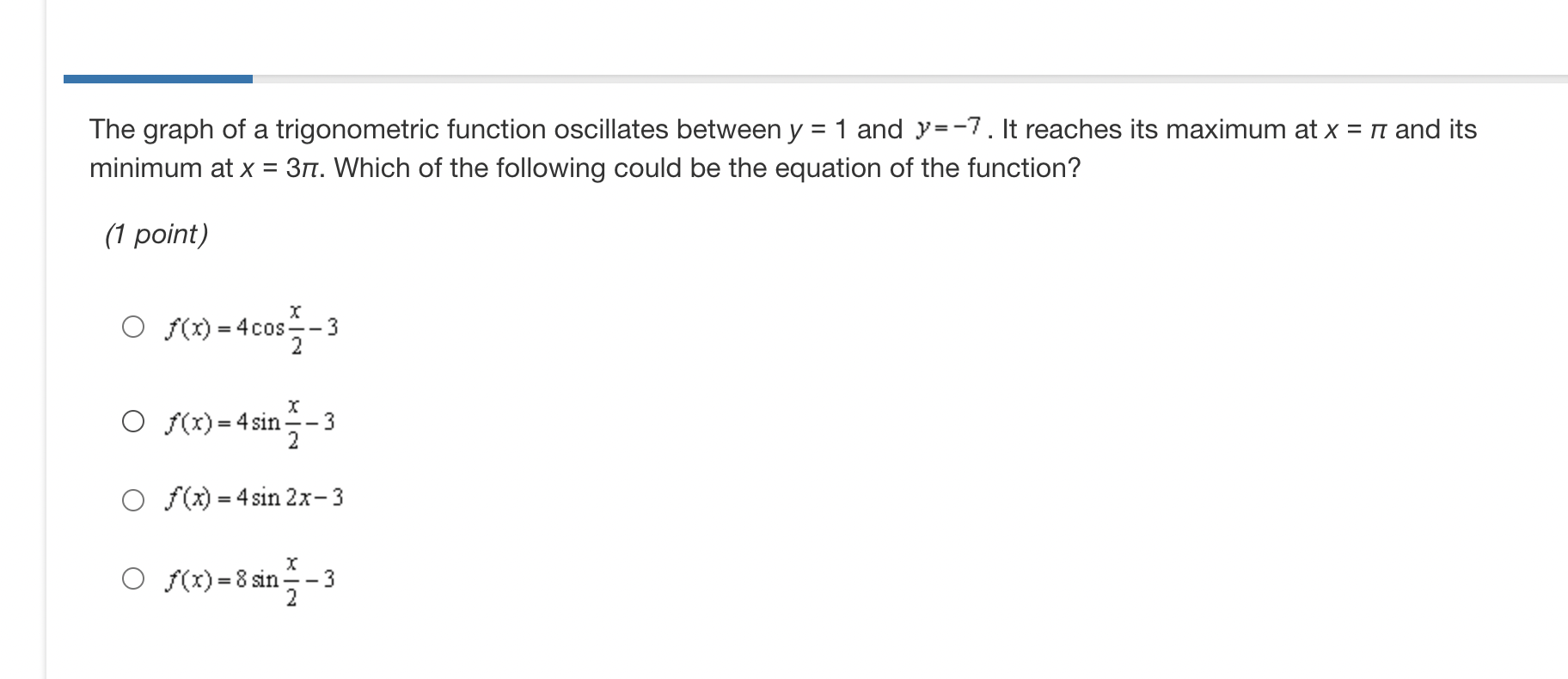  The graph of a trigonometric function oscillates between y = 1