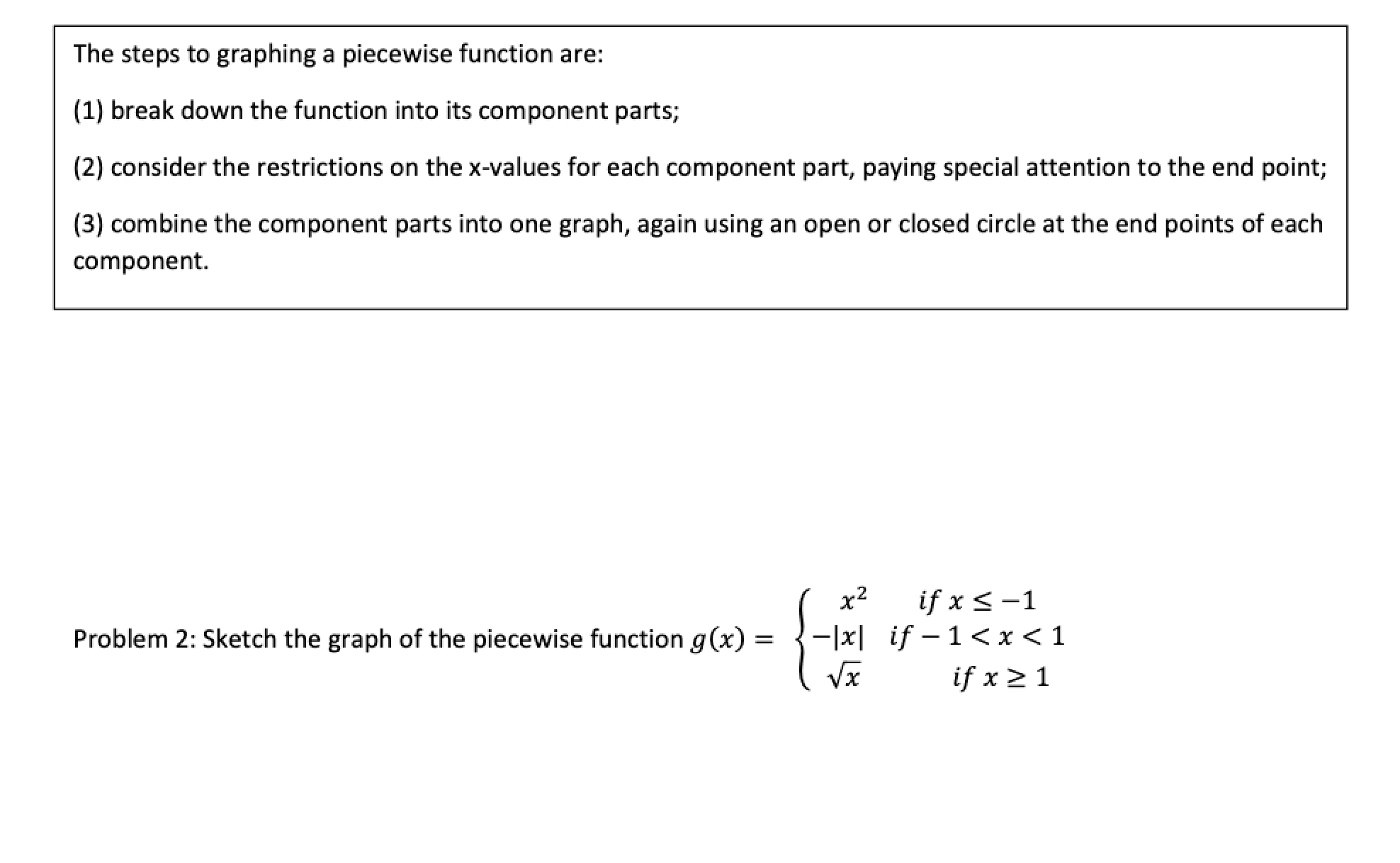  The steps to graphing a piecewise function are: {1) break down