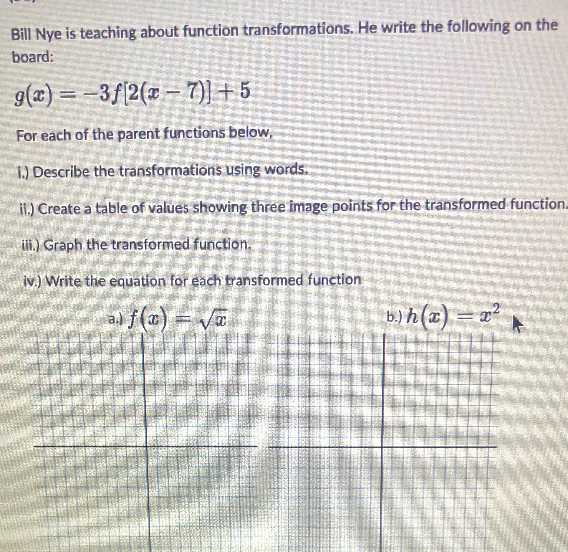  Bill Nye is teaching about function transformations. He write the following