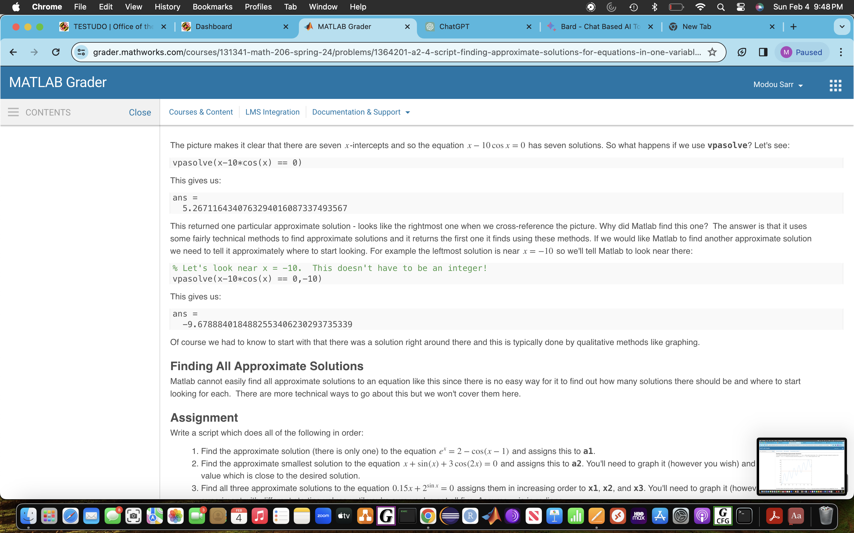 Based Al To x New Tab X + C go grader.mathworks.com/courses/131341-math-206-spring-24/problems/1364201-a2-4-script-finding-approximate-solutions-for-equations-in-one-variable.. M
