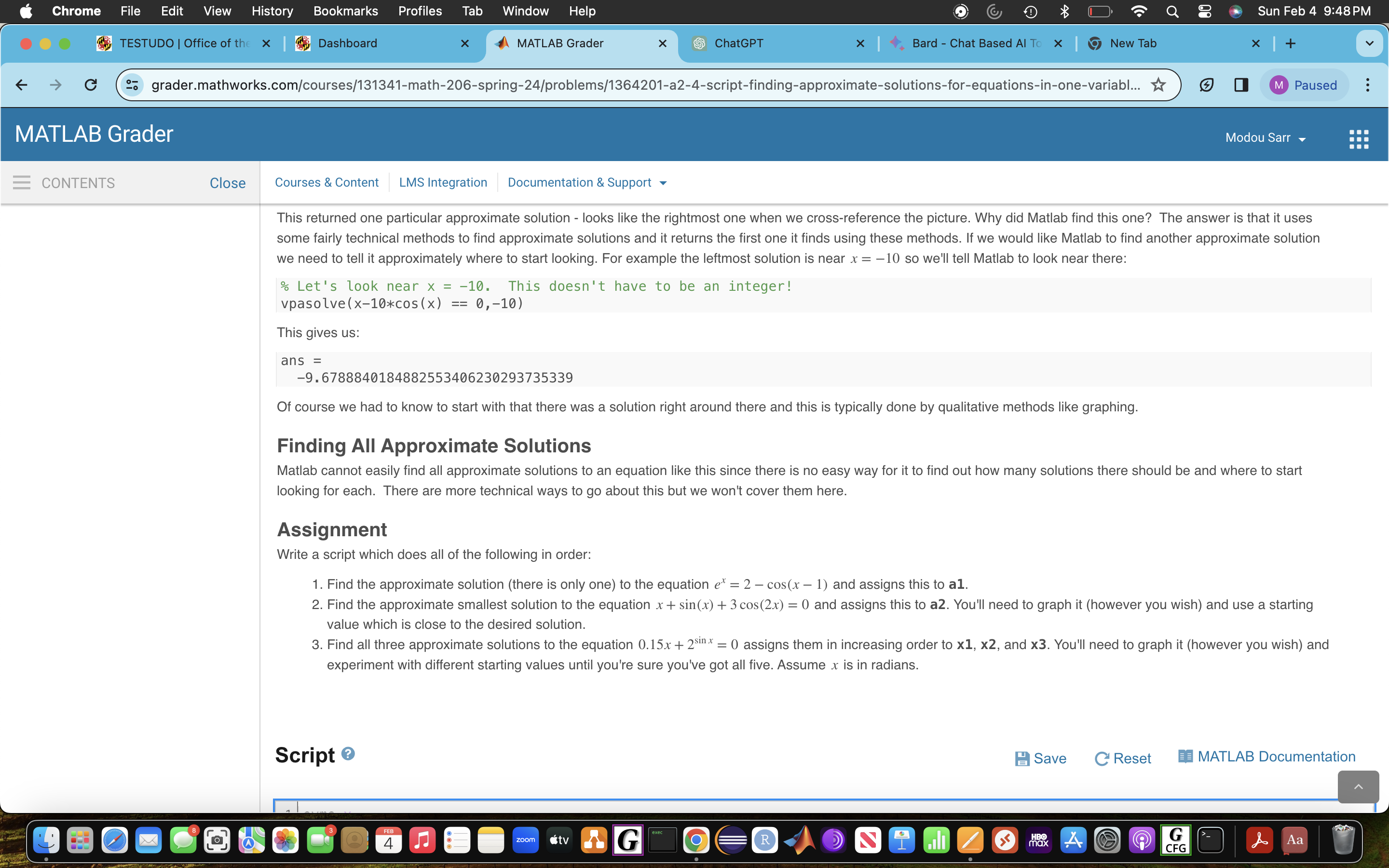 Paused . . . MATLAB Grader Modou Sarr CONTENTS Close Courses &