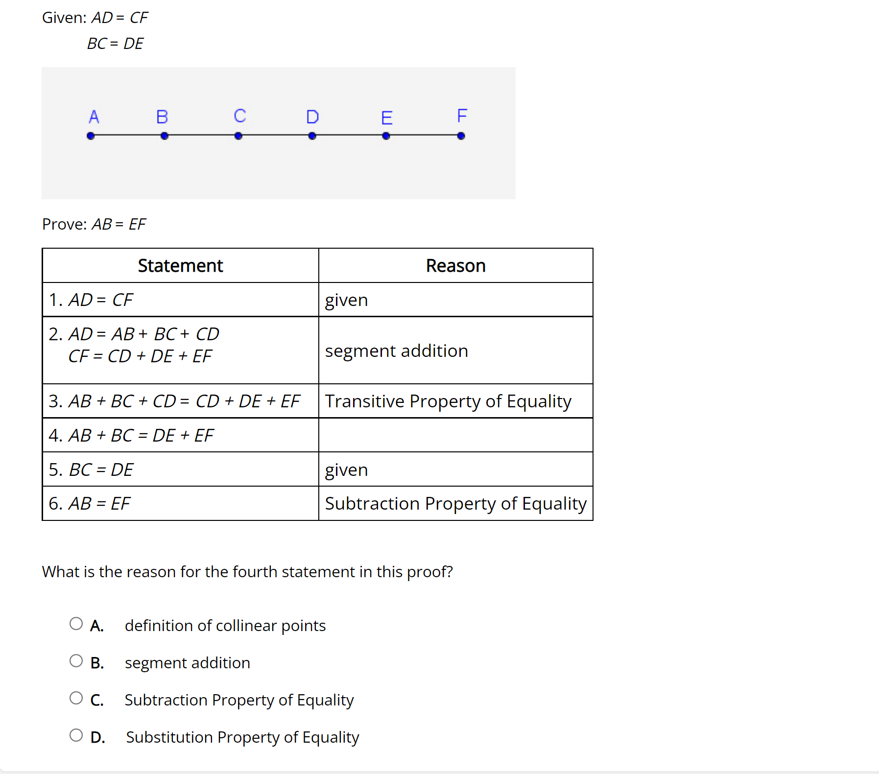 Given: AD = CF BC = DE A B O D