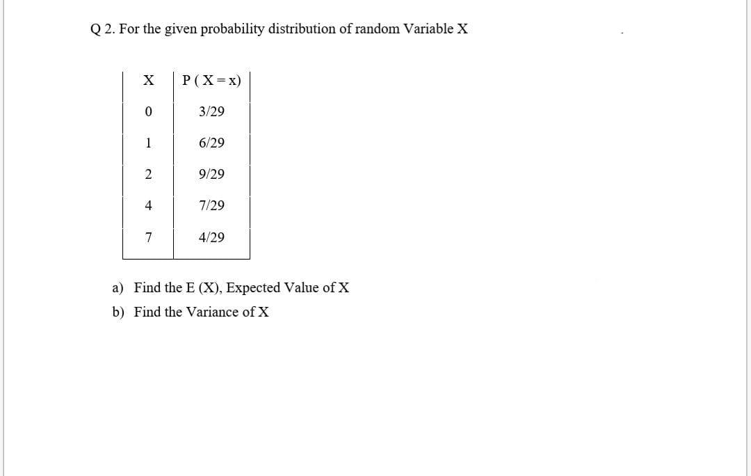 Q 2. For the given probability distribution of random Variable X