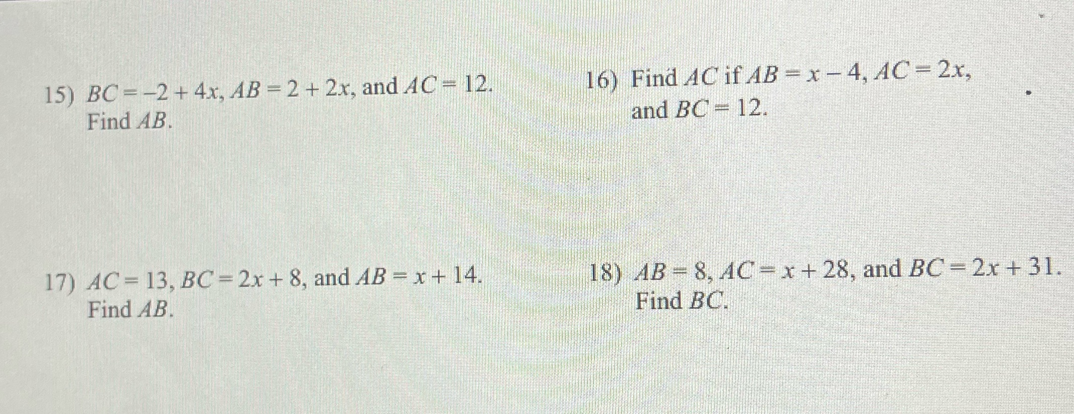 Find solution 15) BC - -2 + 4x, AB = 2 +