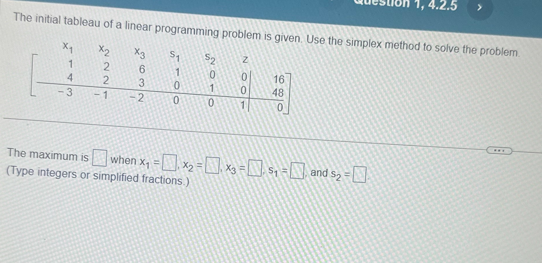  QUESTION 1, 4.2.5 The initial tableau of a linear programming problem