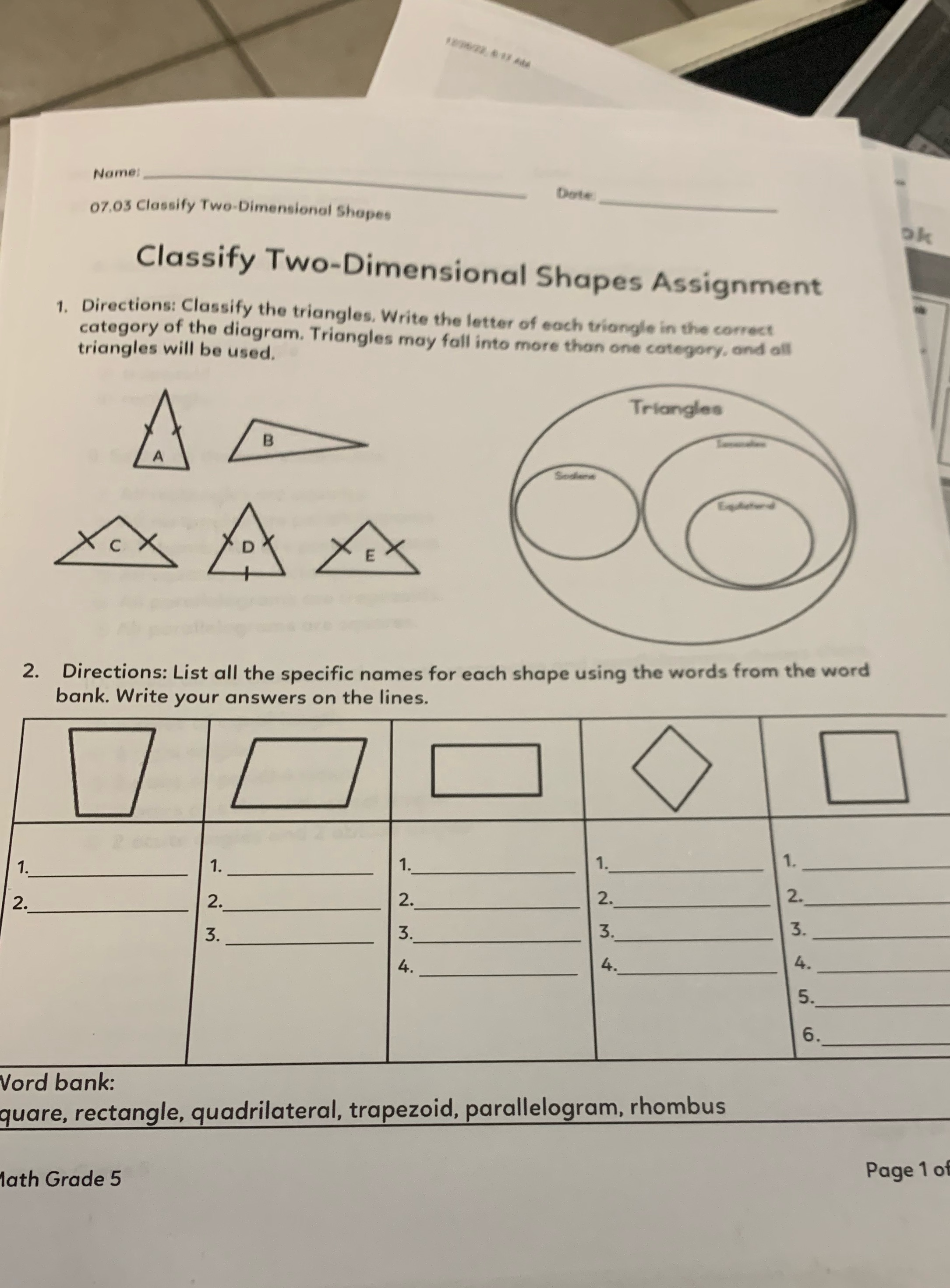 Please help me answer this Name: Date 07.03 Classify Two-Dimensional Shapes PK