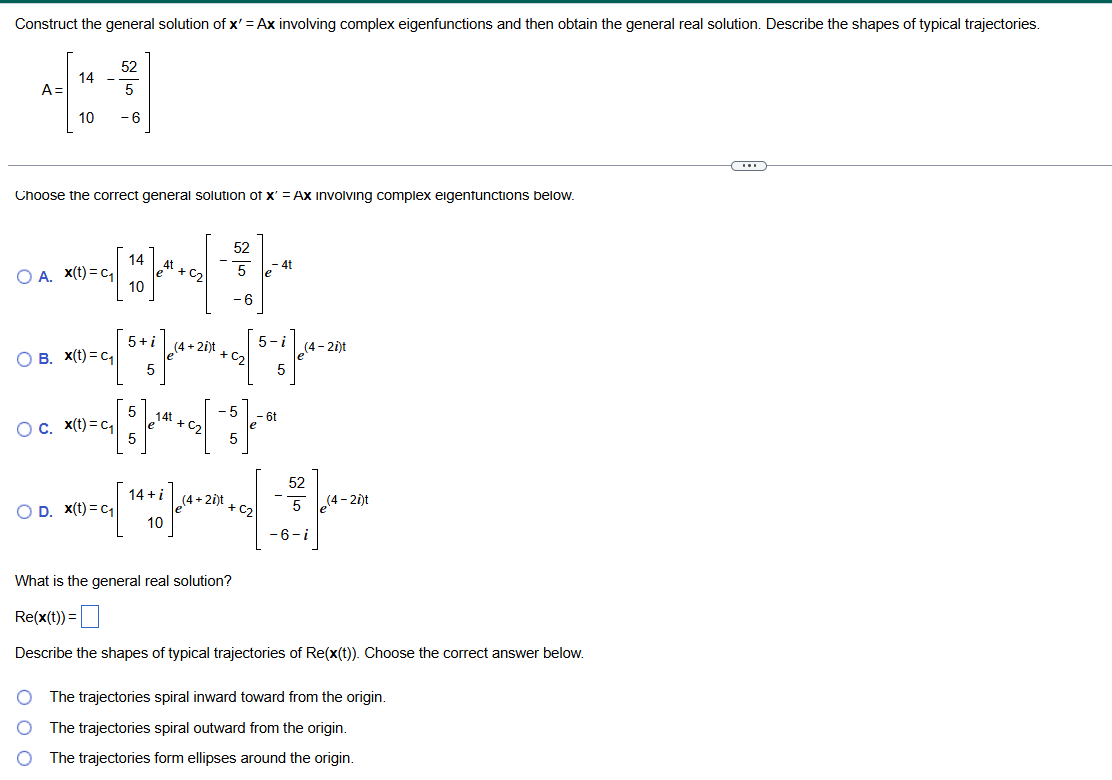 Construct the general solution of x\" = Ax involving complex eigenfunctions