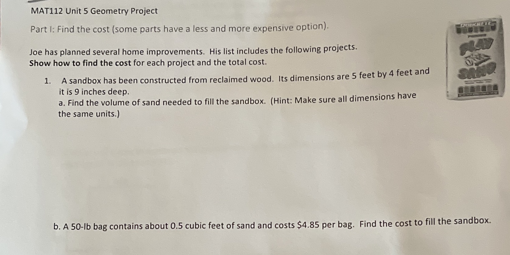 Help with 1 and b MAT112 Unit 5 Geometry Project Part 1:
