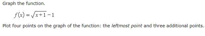  Graph the function. f(x) = Vx+1-1 Plot four points on the