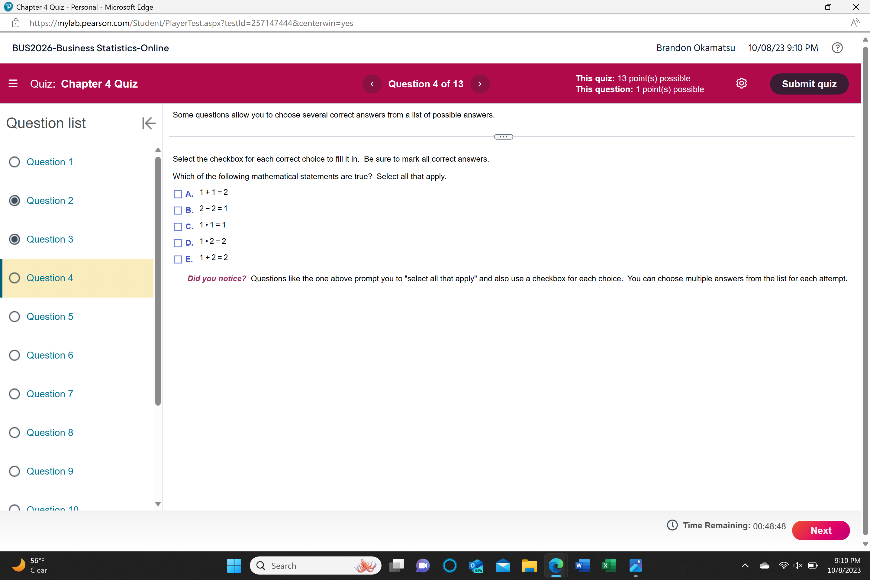  @ Chapter4 Quiz Personal Microsoft Edge _ ET X E] https://my|ab.pearson.com/Student/PlayerTest.asp>