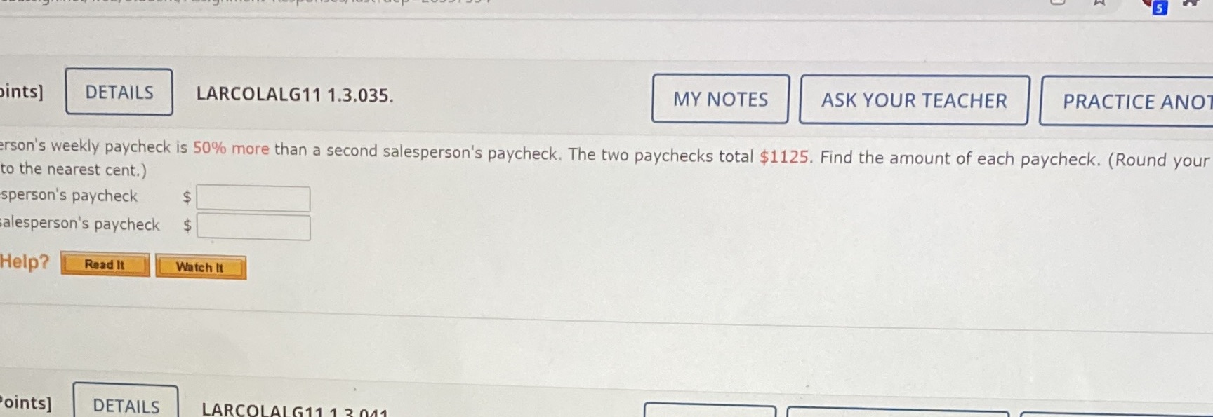 Please show work so I can learn :) 5 ints] DETAILS LARCOLALG11