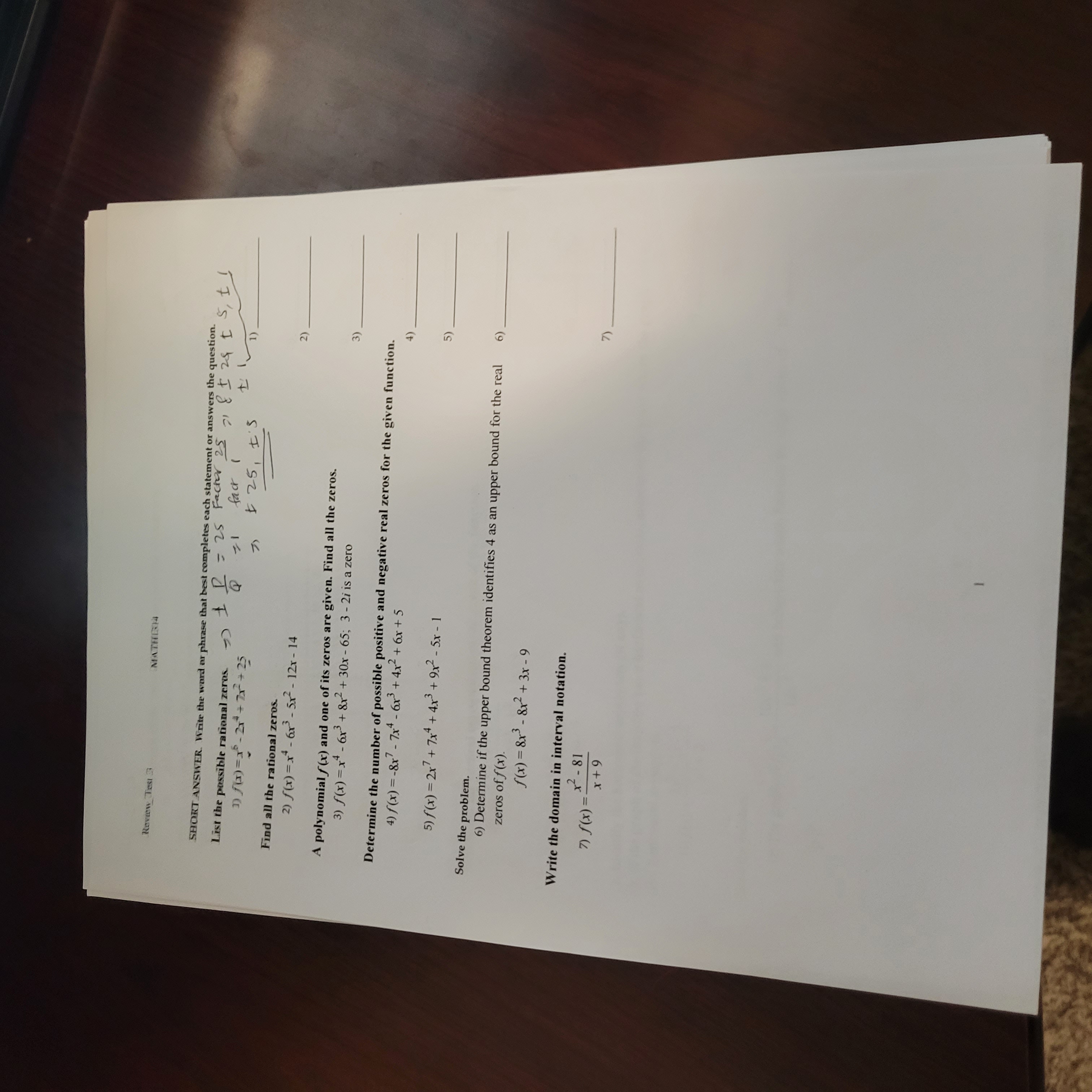  Rovew Test 3 MATHER SHORT ANSWER. Write the ward or phrase