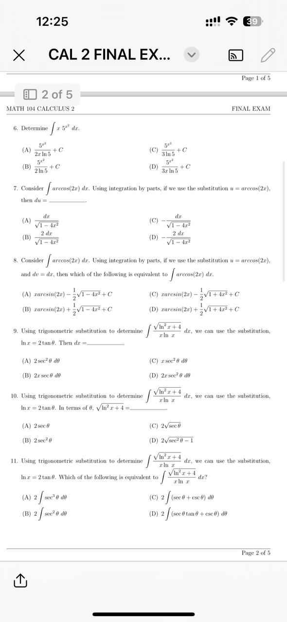 FINAL EXAM Topics: Basic Integration Formulas, Integration by Substitution, Integration Techniques, Sequences,