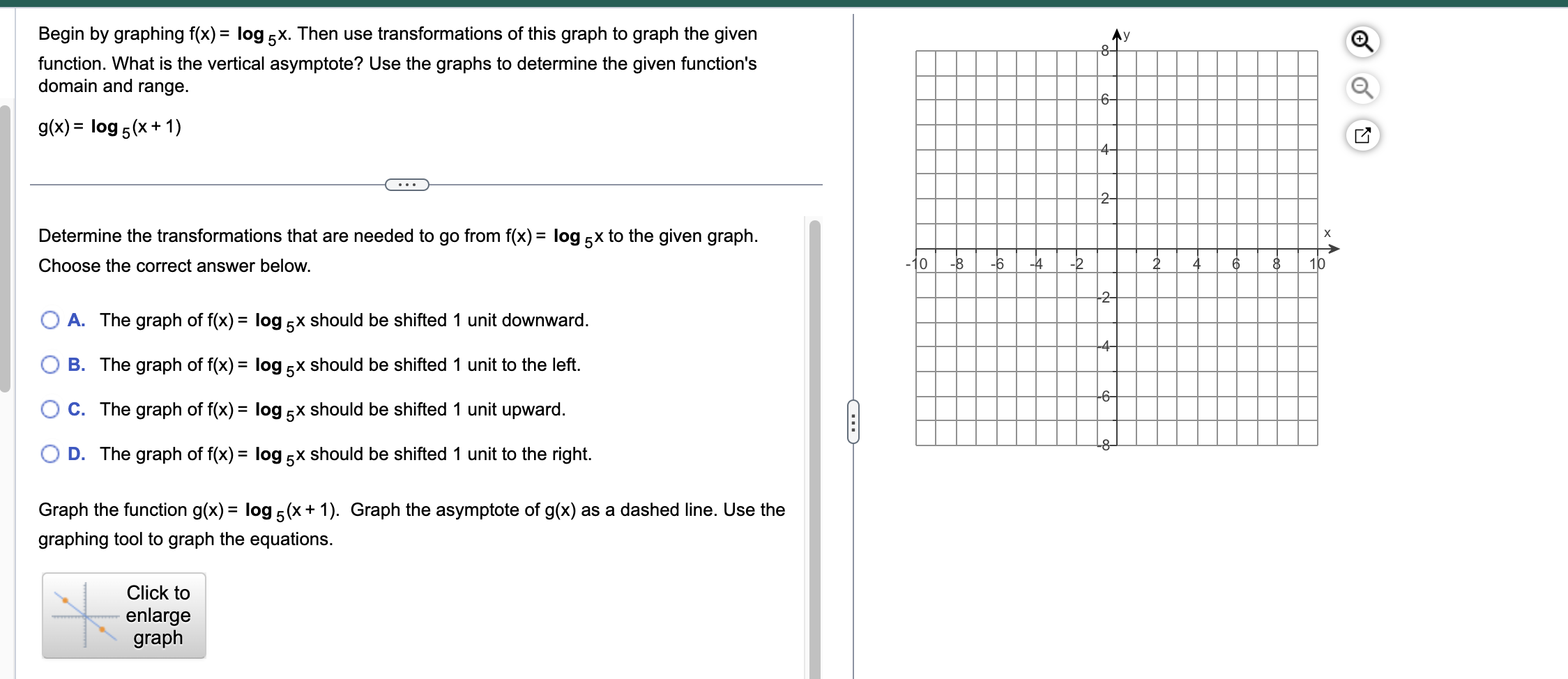  Begin by graphing f(x) = log 5x. Then use transformations of