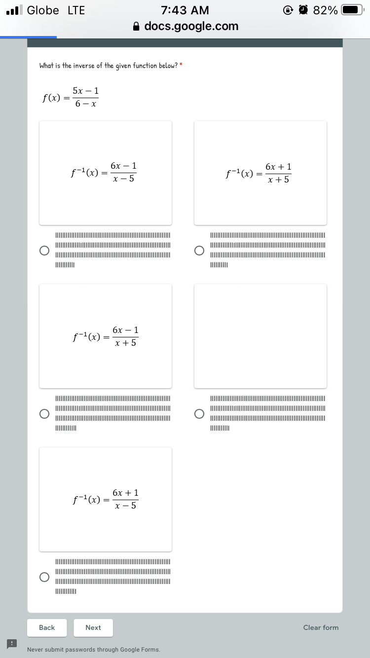 docs.google.com What is the inverse of the given function below? * 5x