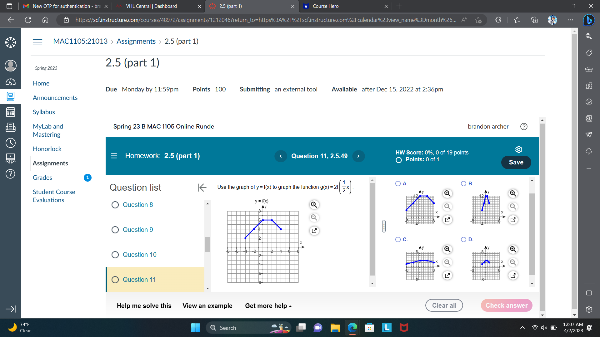 f(x) - 3. O A. O B. y = f(x) Ay Evaluations