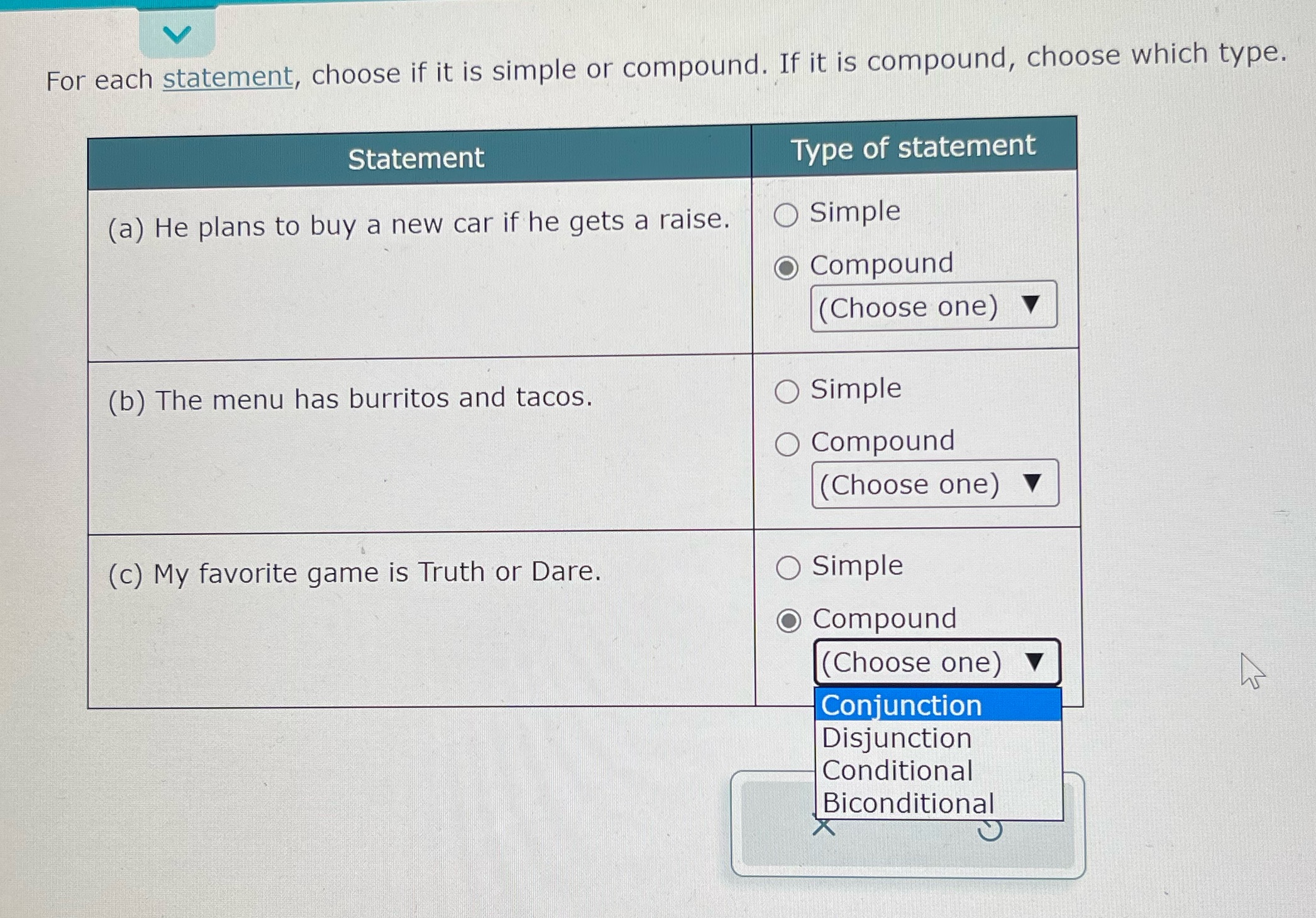  -- V For each statement, choose if it is simple or