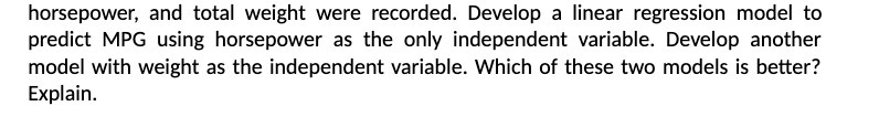 horsepower, and total weight were recorded. Develop a linear regression model