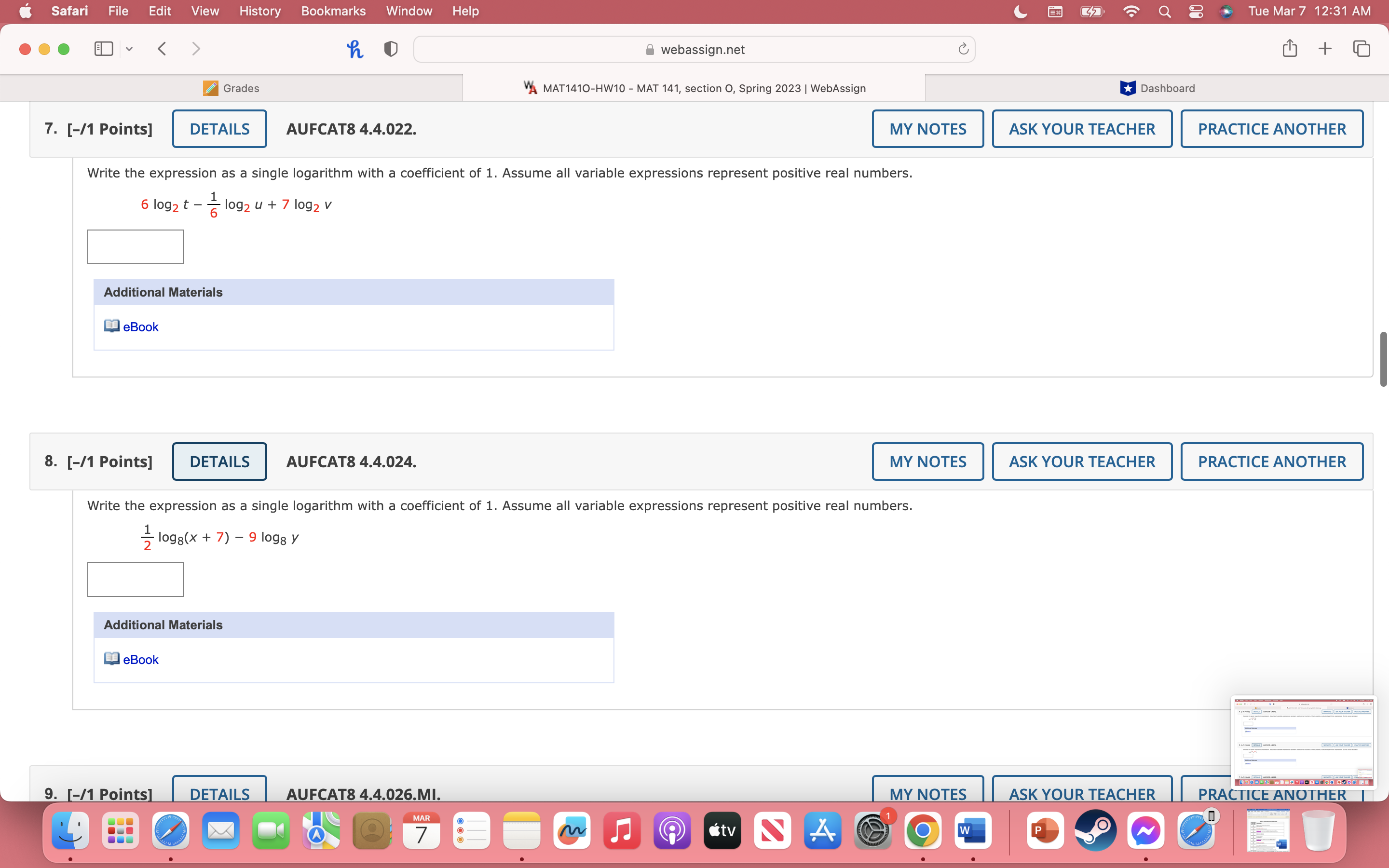 V 1?" 0 webassignnet (3 [1'] 'I' Grades VA MAT1410-HW10 - MAT