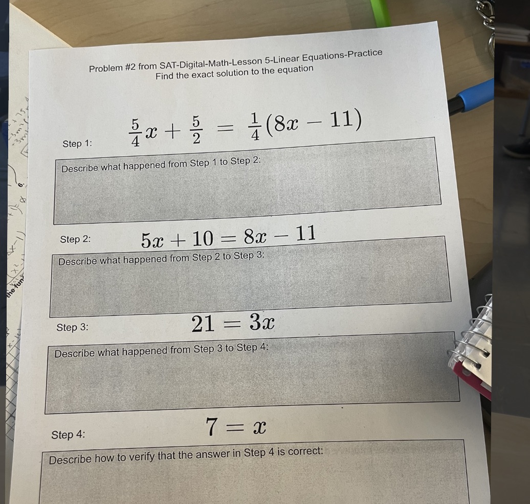 Answer the steps Problem #2 from SAT-Digital-Math-Lesson 5-Linear Equations-Practice Find the exact