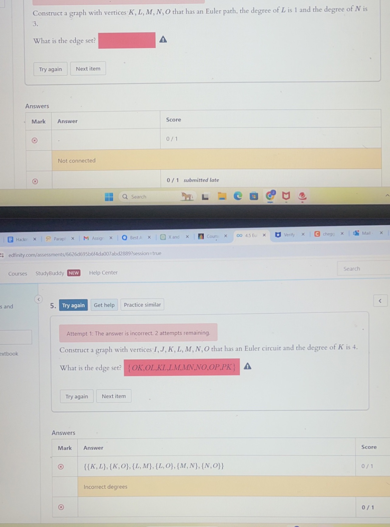 Discrete math Construct a graph with vertices K, L, M, N, O