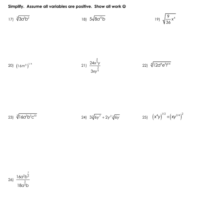 Simplify. Assume all variables are positive. Show all work @ 17)