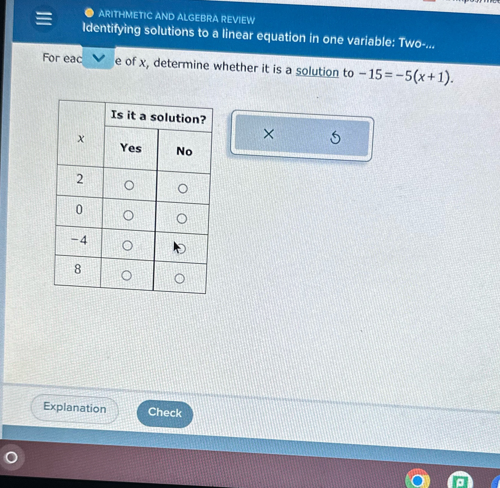ARITHMETIC AND ALGEBRA REVIEW Identifying solutions to a linear equation in