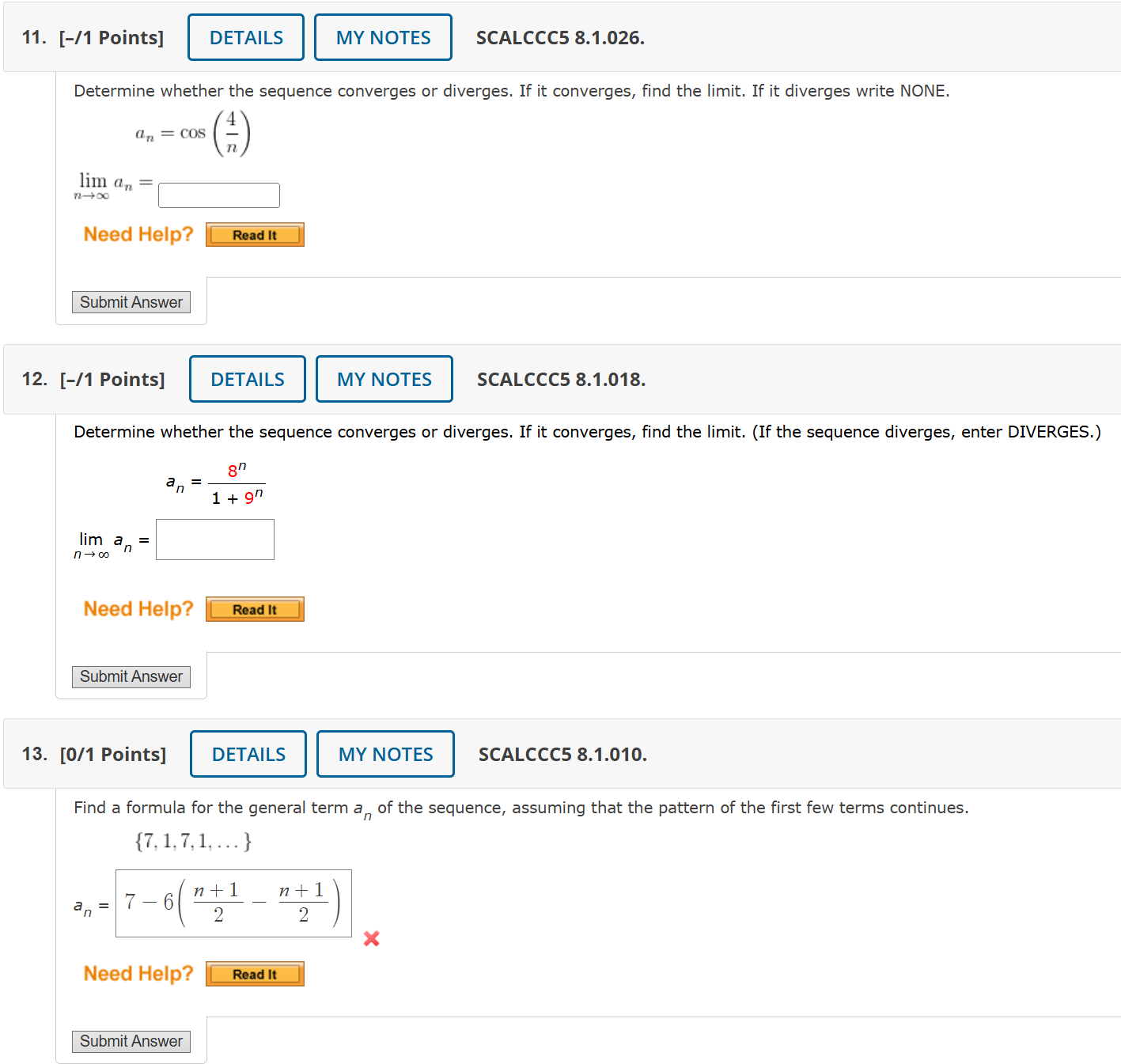 sequence diverges, enter DIVERGES.) 1 + 9n2 an = n + 5n2