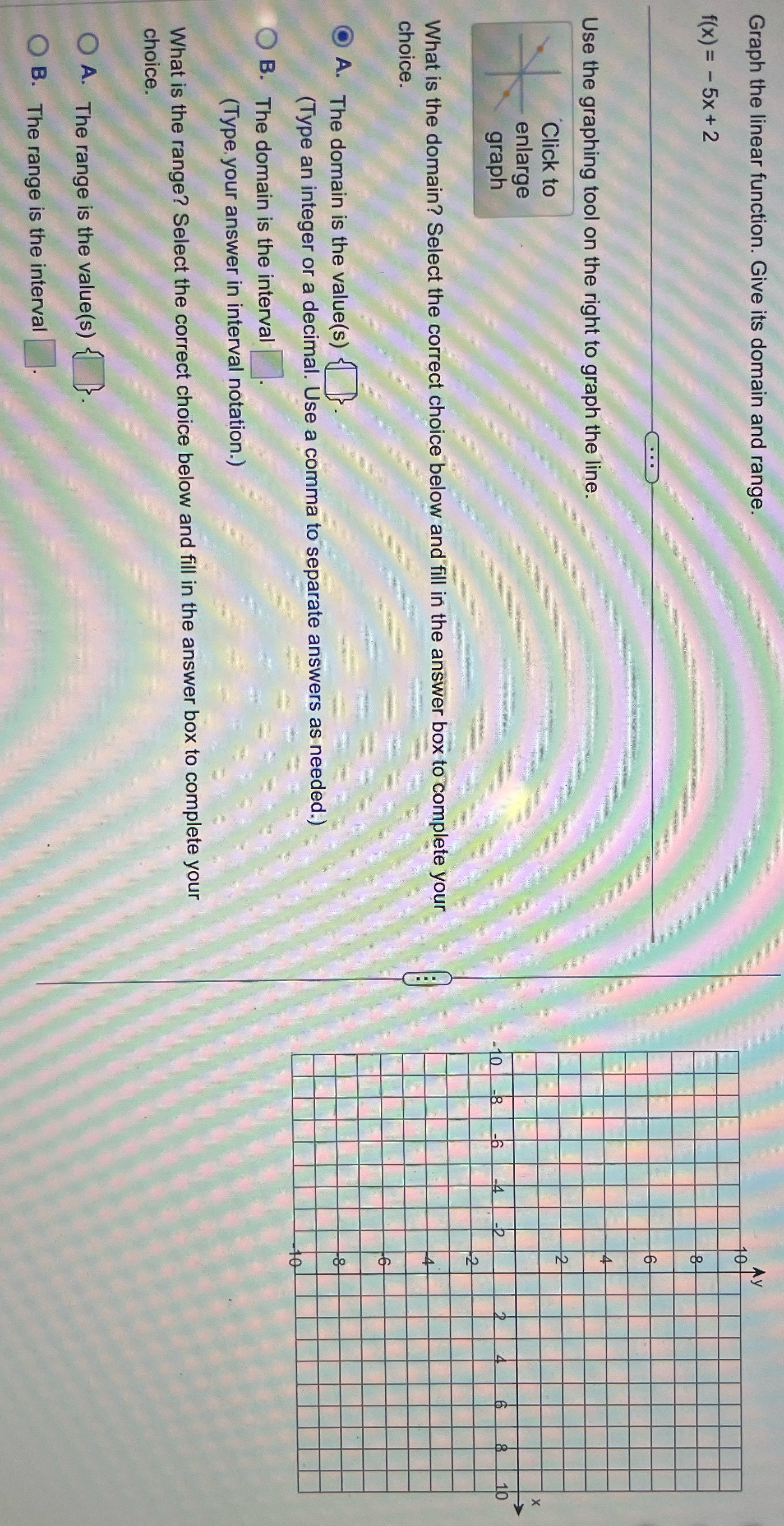  Graph the linear function. Give its domain and range. f(x) =