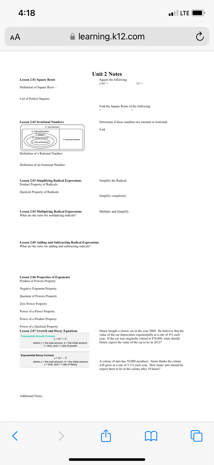  4:18 .1/ LTE @) AA & learning.k12.com e Unit 2 Notes